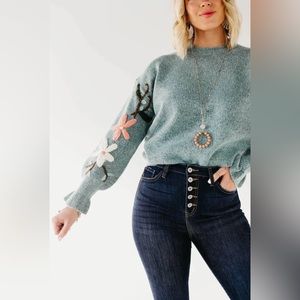 Embroidered ruffle detailed sweater in aqua